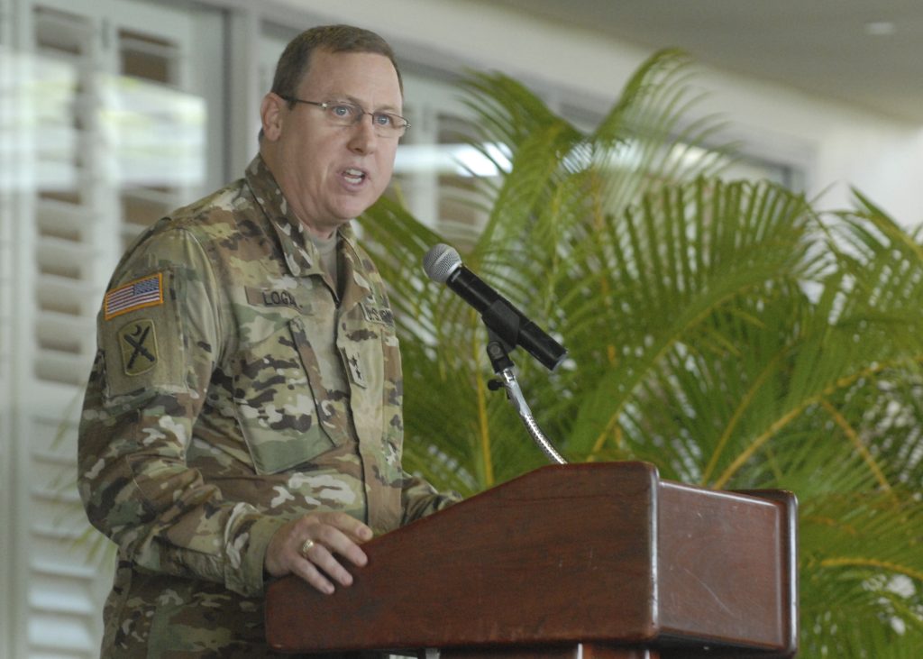 U.S. Hawaii Army Maj. Gen. Arthur Logan, the adjutant general of the Hawaii National Guard, addresses Hawaii Air National Guardsmen during the 2016 Launa 'Ole Awards ceremony at Joint Base Pearl Harbor-Hickam, Hawaii, April 4, 2016. The Launa 'Ole, which means “beyond comparison” or “without peer”, awards are for outstanding performance for individuals and teams over the past year. (U.S. Air National Guard photo by Airman 1st Class Robert Cabuco)