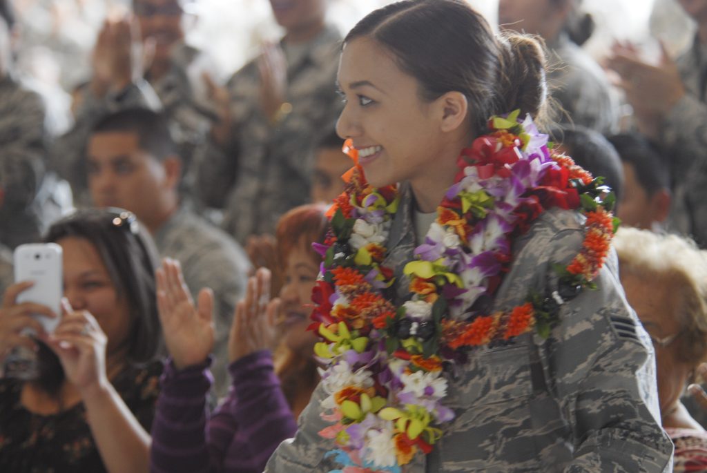 Senior Airman Mariah Akau with the 154th FSS is recognized as the Airman of the Year at this year's Launa ‘ole awards. The Hawaii Air National Guard's Launa ‘ole awards recognize the top individual and team performers for the past year. The 2014 winners were announced during a March 8, 2015 ceremony at Joint Base Pearl Harbor-Hickam. (U.S. Air National Guard photo by Senior Airman Orlando Corpuz)