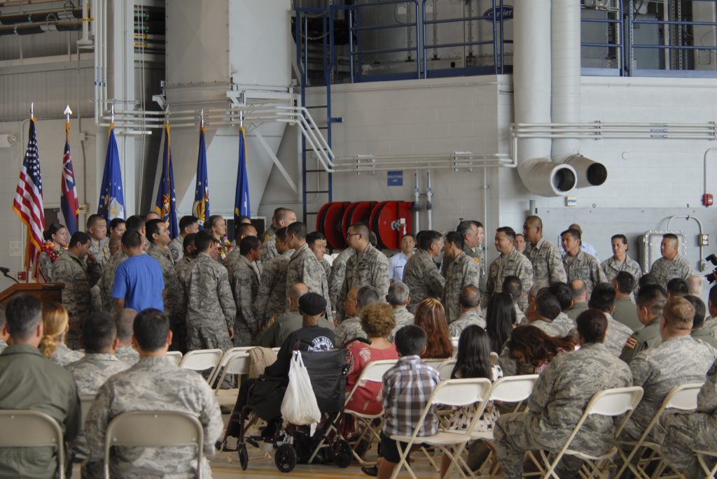 The Hawaii Air National Guard's top individual and team performers gather front and center to be recognized at the Launa ‘ole awards. (U.S. Air National Guard photo by Senior Airman Orlando Corpuz)