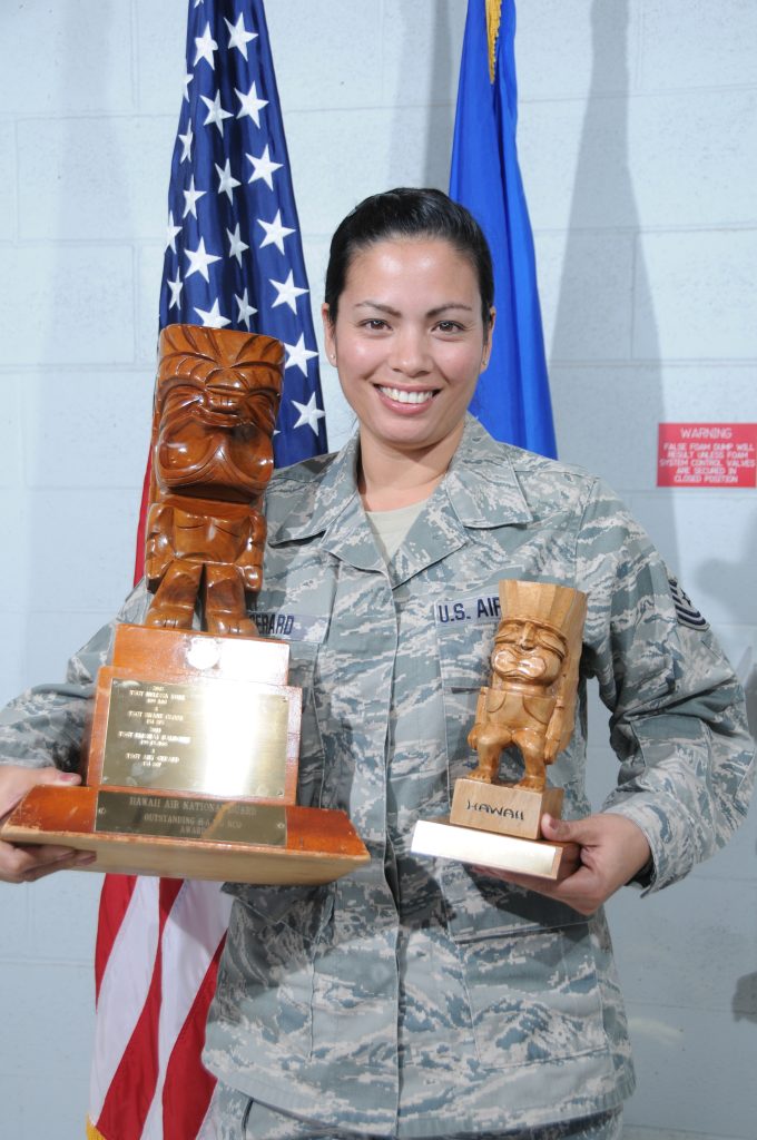 Tech. Sgt. Amy Gerard, 154th Medical Group, wins the Traditional Non Commissioned Officer of the Year Award. Gerard helped organize and streamline the Optometry section, enabling an efficient process in servicing over 2500 members of the HIANG and also tracks and coordinates all the education and training for J1 personnel within PACOM’s Special Ops Command.