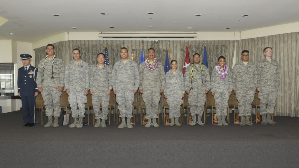 The Hawaii Air National Guard recognize outstanding Airmen during the 2016 Launa 'Ole Awards ceremony at Joint Base Pearl Harbor-Hickam, Hawaii, April 4, 2016. This year marks the 15th year anniversary of the Launa 'Ole Awards. (U.S. Air National Guard photo by Airman 1st Class Robert Cabuco)