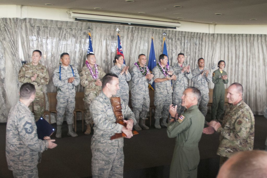Award recipients of the 2018 Launa’ole Awards are receive a round of applause Feb. 10, 2019, at Joint Base Pearl Harbor-Hickam. The celebration is held annually to recognize their exceptional achievements of Airmen and units over the past year. (U.S. Air National Guard photo by Senior Airman John Linzmeier)