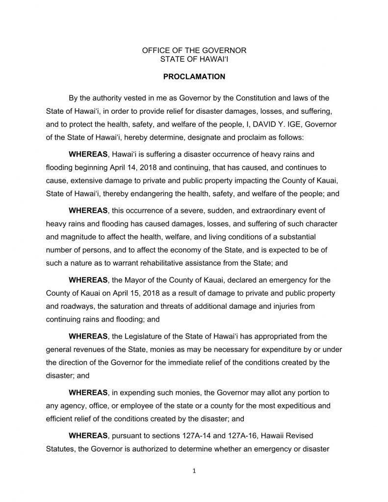 Kauai County Emergency Proclamation -4/15/18