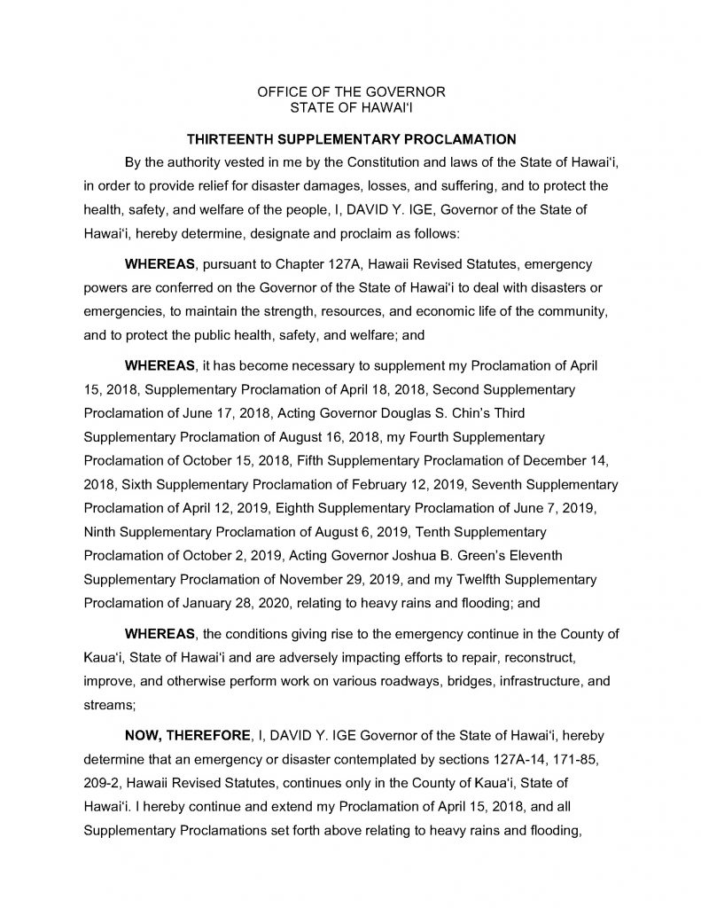 THIRTEENTH SUPPLEMENTARY PROCLAMATION – Kauai Flood -2018
