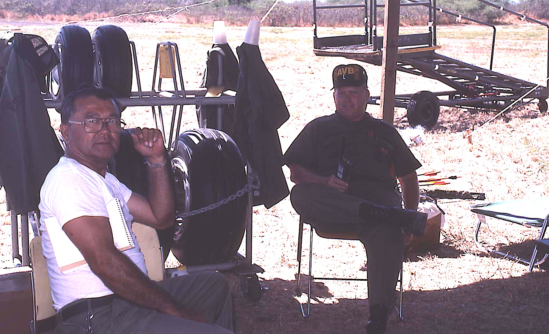 Tom Kato and David Snakenberg at the 1985 Gun Firing Camp at Kaneohe Marine Corps Air Station. Operations ran out of tents. The 154th Composite Group flew F-4C Phantoms at the time.

Tom worked on the flightline who worked on F-102A Delta Daggers, the F-4C Phantoms and the F-15 Eagles. Tom passed away on February 22, 2016 - review his Taps post.

Dave moved through the ranks. eventually becoming the 154th Wing Vice Commander and retired as a colonel.
