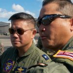 Philippine Air Force Brig. Gen. Antonio Ramon Lim, commander, 5th Fighter Wing, PAF and U.S. Air Force Lt. Col. Scott Oka, commander, 203rd Air Refueling Squadron, Hawaii Air National Guard discuss the capabilities of the KC-135 Stratotanker, Sep. 22, 2017, Joint Base Pearl Harbor-Hickam, HI. The exchange was part of the National Guard’s State Partnership Program which builds relationships through military-to-military engagements in support of defense security goals. (U.S. Air National Guard photo by Senior Airman Orlando Corpuz)