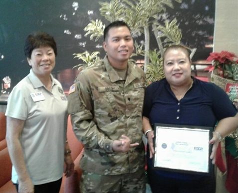 Judith Tomas, supervisor for Max’s Restaurant, Maui was presented with a Patriot Award December 11 in recognition of her continued support provided to Specialist Manuel Soco, a Hawaii Army National Guard soldier.  The award was presented by ESGR volunteer Donna Shimizu.