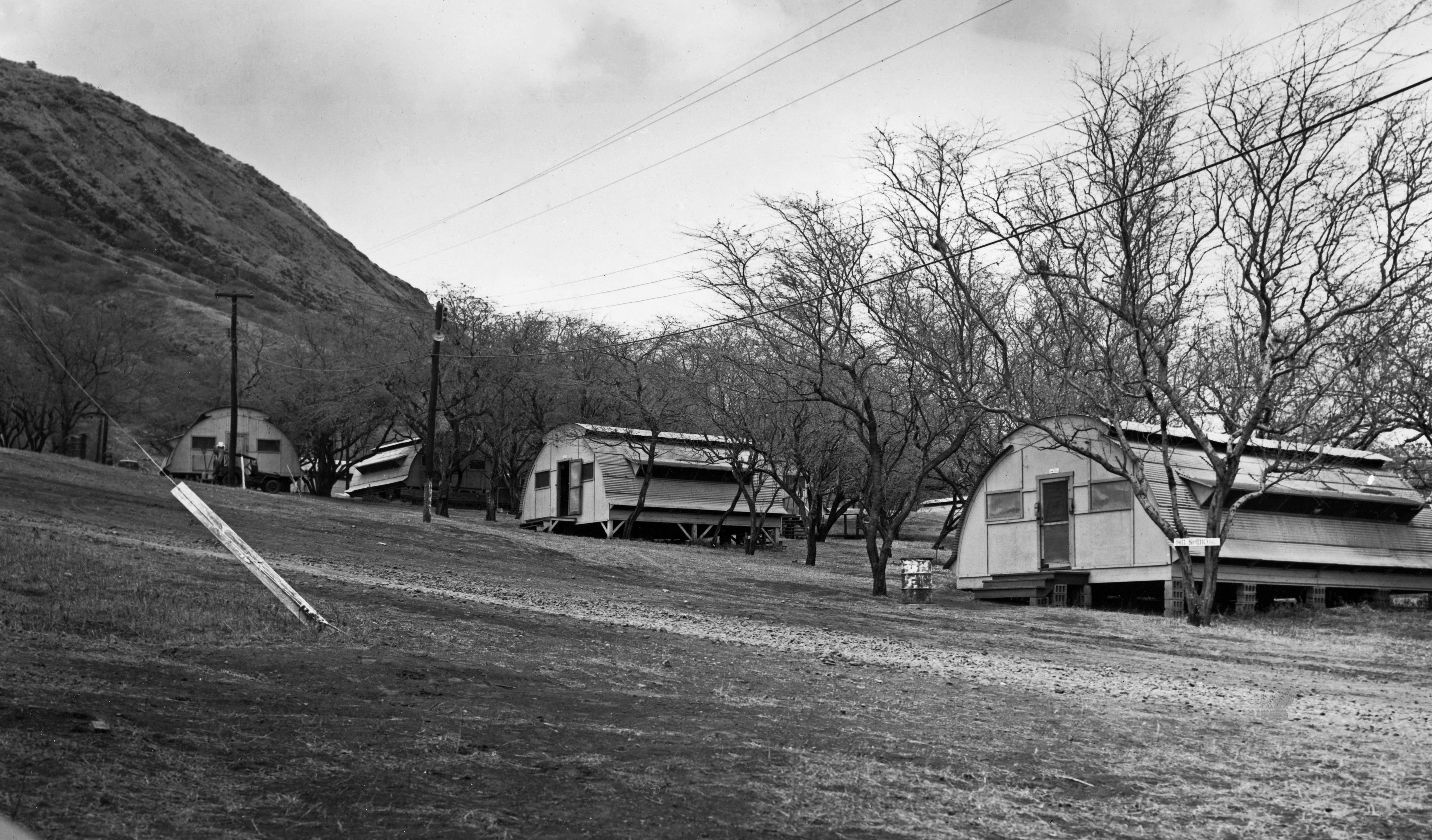 This 1950s photograph show old military hutments 