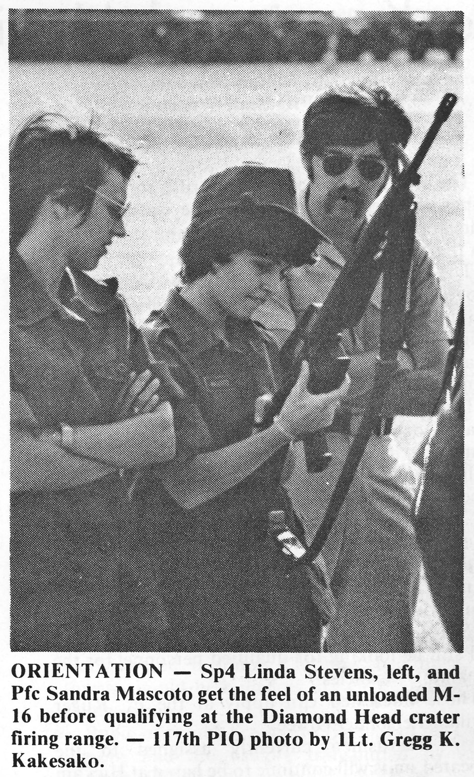Not widely known, but Sandra Mascato served in the Hawaii Army National Guard. This 1975 photograph shows her at weapons qualification training at the Diamond Head crater firing range. (Yes, years ago there was a firing range in Diamond Head crater.)