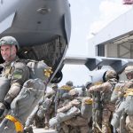 Israeli Army Brig. Gen. Ori Gordin, Ground Forces chief of staff, boards a C-17 Globemaster III with soldiers from the Texas Army National Guard, 1-141 Infantry Battalion, during exercise Swift Response 18 on June 8, 2018, at Ramstein Air Base, Germany. The passengers were transported by members of the Hawaii Air National Guard to conduct a static line jumps for a joint-forcible entry operation. SR18 is one of the premier military crisis response training events for multinational airborne forces in the world that demonstrates the ability of America's Global Response Force to work hand-in-hand with joint and total force partners. (U.S. Air National Guard photo by Senior Airman John Linzmeier)