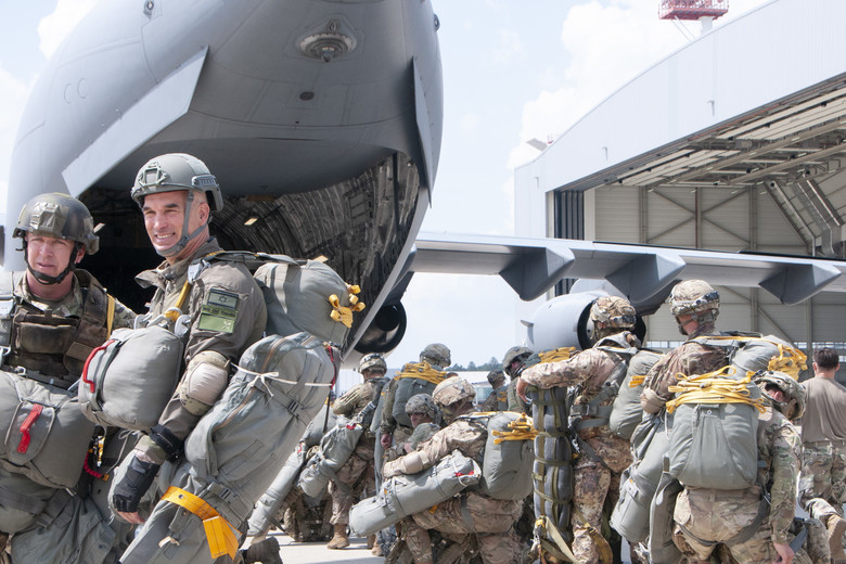 Israeli Army Brig. Gen. Ori Gordin, Ground Forces chief of staff, boards a C-17 Globemaster III with soldiers from the Texas Army National Guard, 1-141 Infantry Battalion, during exercise Swift Response 18 on June 8, 2018, at Ramstein Air Base, Germany. The passengers were transported by members of the Hawaii Air National Guard to conduct a static line jumps for a joint-forcible entry operation. SR18 is one of the premier military crisis response training events for multinational airborne forces in the world that demonstrates the ability of America's Global Response Force to work hand-in-hand with joint and total force partners. (U.S. Air National Guard photo by Senior Airman John Linzmeier)