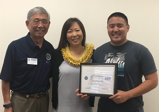 HILO, Hawaii - Patti Nishimoto, Waiakea High School resource coordinator, State of Hawaii Department of Education, received a Department of Defense Patriot Award on May 31, 2018, in recognition of her continued support provided to her employee, Spc. Eric Kawahara, Hawaii Army National Guard.