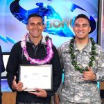 From left: Howard Sugai, ESGR public affairs director, Rob DeMello, KHON2 sports director, Cpl. Aven Santiago, 117th Mobile Public Affairs Detachment, Hawaii Army National Guard, Kristina Lockwood, KHON2 general manager.