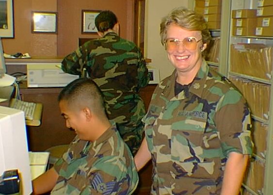 This photograph show then-SSgt Joseph Ramos and then-Maj Susan Higgins in the early 1990s. The Consolidated Base Personnel Office (CBPO) as it was known back then was located on the second floor of the supply building.