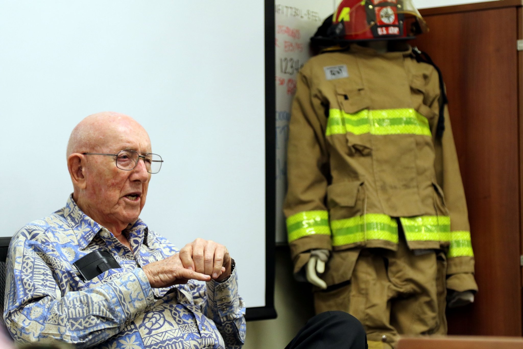 Hawaii Army National Guard soldiers with 297th Engineer Detachment Fire Fighting Team attend a professional development seminar with James G. Davis, Member, Historian and last living member of the 1204th Army Engineer Fire Fighting Platoon, May 4, 2019 at the 103D Troop Command Headquarters, Pearl City, Hawaii. James G. Davis served in North Africa, Italy, France, and Germany during World War II.