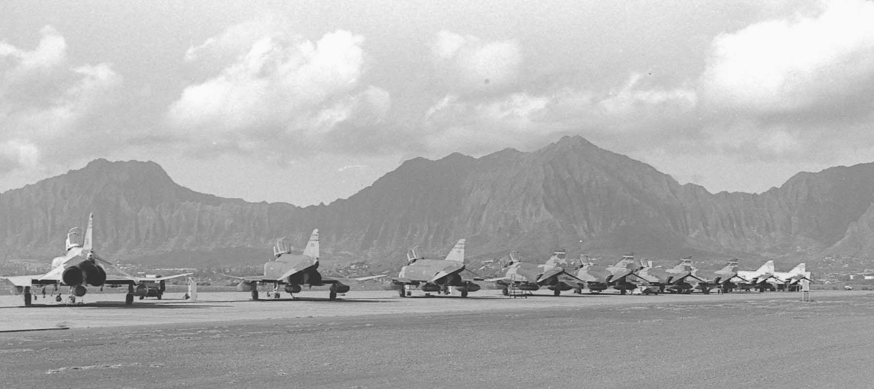 This undated photograph show the 199th Fighter Squadron's F-4 Phantoms on the ramp at Kaneohe Marine Corps Air Station (as it was called back then).