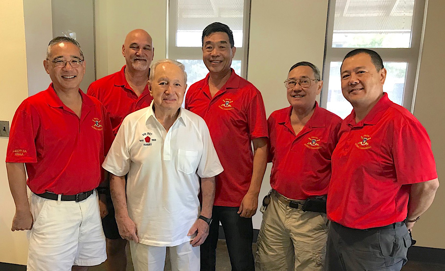 Several 1st Battalion, 487th Field Artillery Regiment (Hiki No) retirees/former members attended the Oahu Veterans Council meeting last Saturday. In this photograph are L-R: Keith Tamashiro, Bruce Spear, Irwin Cockett, Steve Abe, James Reis, and Peter Hirai.