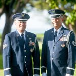 Staff Sgt. Darrell Bactad and Tech. Sgt. Mark Crabbe, 204th Airlift Squadron information managers, gather to practice Honor Guard movements Oct. 4, 2019, at Joint Base Pearl Harbor-Hickam, Hawaii. The two friends have performed military ceremonies side-by-side in the Hawaii Air National Guard Honor Guard team since the early 2000s. Crabbe became an honor guardsmen in 2001 and Bactad joined in 1999, when the unit was established. (U.S. Air National Guard photo by Senior Airman John Linzmeier)