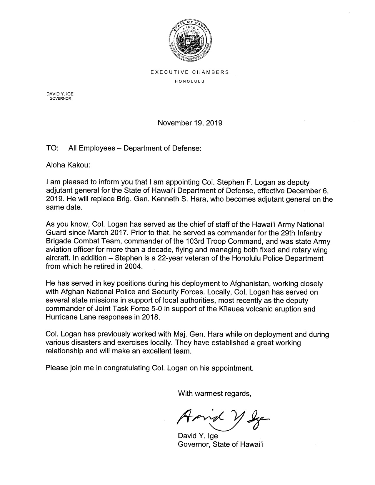 Governor Ige appoints Col. Stephen F. Logan as deputy adjutant general