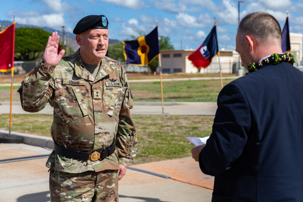 Hawaii Gov. Josh Green, M.D., right, administers the oath of office to U.S. Army Maj. Gen. Stephen F. Logan, left, the incoming Adjutant General for the State of Hawaii in Kalaeloa, Hawaii, Oct. 1, 2024. Logan’s promotion was immediately followed by the Adjutant General for the State of Hawaii transfer of authority ceremony. (U.S. Army National Guard photo by Spc. Donald Bond)