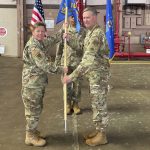 U.S. Air National Guard Col. Kathleen Fallis, 154th Regional Support Group commander confers leadership to U.S. Air National Guard Lt. Col. Jermiah Hitchner, 109th Electromagnetic Warfare Squadron commander, during a squadron activation ceremony Nov. 2, 2024, at Joint Base Pearl Harbor-Hickam, Hawaii. The 109th EWS provides modern warfighters to capabilities to disrupt, deceive, or deny adversary operations in space through electromagnetic means, while also ensuring the protection of their own space assets from similar threats. (courtesy photo)