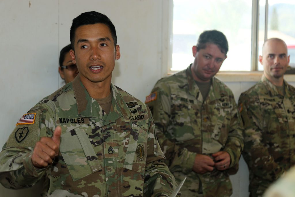 Soldiers and NCOs of the Hawaii Army National Guard competed in a Best Warrior Competition held at Schofield Barracks Area X from March 1-3, 2019. Staff Sgt. Paulo I.O. Napoles delivers remarks after winning the NCO category.