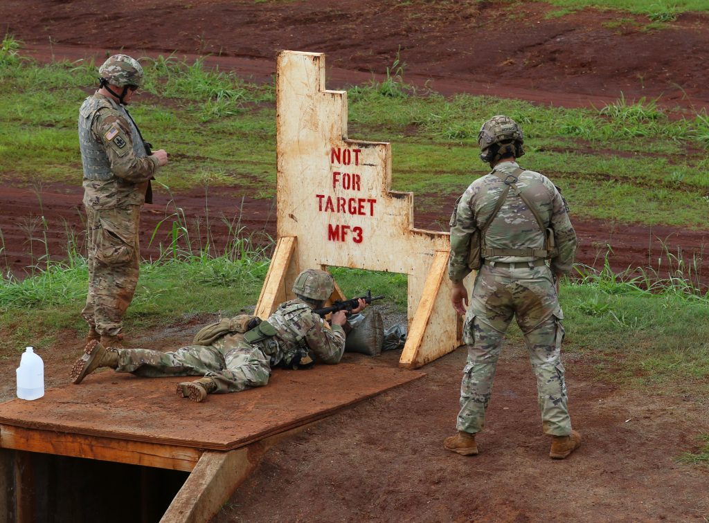 Hawaii Army National Guard (HIARNG) Soldiers participate in the Individual Weapons Qualification (IWQ) event during the Best Warrior Competition (BWC), Schofield Barracks, Hawaii, March 7, 2021. The IWQ is part of the Best Warrior Competition where Soldiers from the HIARNG and the Hawaii Army Reserve compete to earn the title of “Best Warrior” through a series of tests, events and challenges. (U.S. Army National Guard photo by Spc. Mariah-Alexsandra K. Manandic-Kapu)