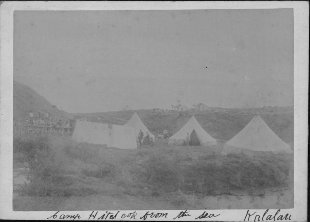 Camp Hitchcock, Kalalau Valley, Kauai, from the sea. Description - The hunt for Koolau and others. Kaluaikoolau. a.k.a. Koolau the Leper.
