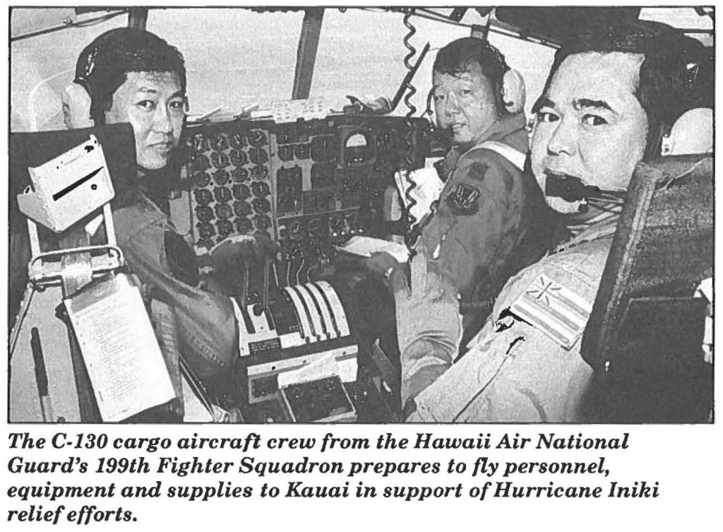 The C-130 cargo aircraft crew from the Hawaii Air National Guard's 199th Fighter Squadron prepares to fly personnel, equipment and supplies to Kauai in support of Hurricane lniki relief efforts.
