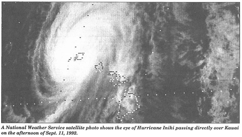 A National Weather Service satellite photo shows the eye of Hurricane Iniki passing directly over Kauai on the afternoon of Sept. 11, 1992.