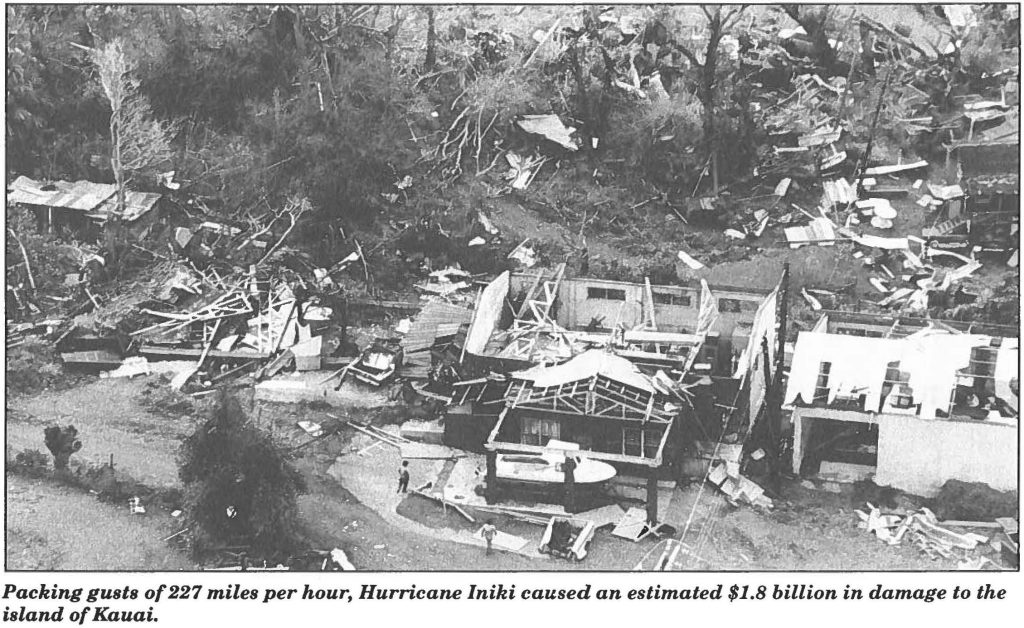 Packing gusts of 227 miles per hour, Hurricane Iniki caused an estimated $1.8 billion in damage to the island of Kauai.