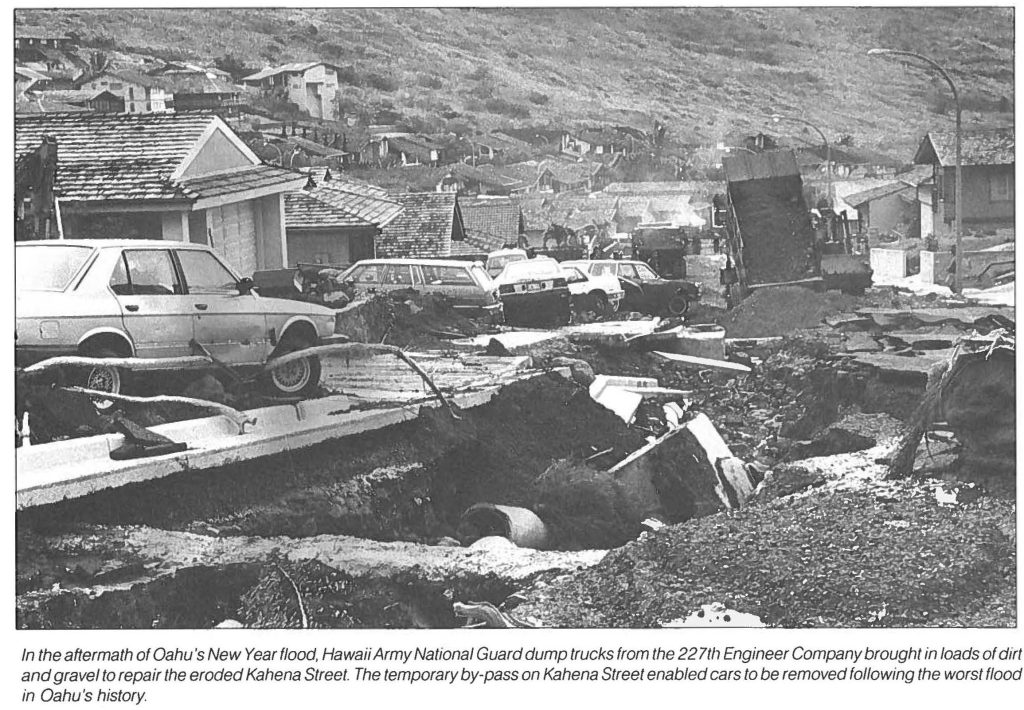 The Hawaiʻi National Guard were activated to provide emergency repair and clean-up assistance to the City and County of Honolulu, after heavy rains caused extensive damage in Kailua, Hawaii Kai, and Niu Valley.