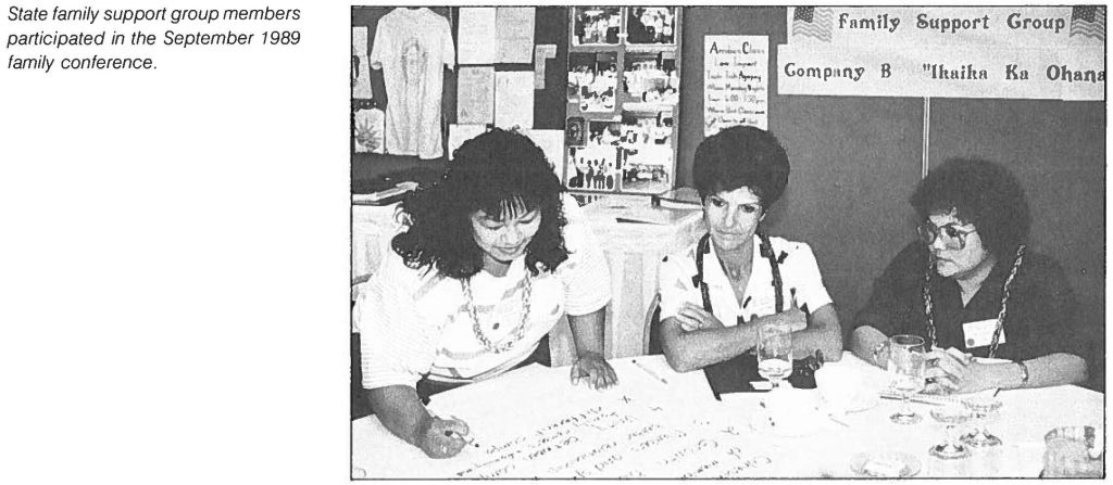 Many Hawaiʻi National Guard Family Support Groups were formed. These groups were made up of volunteer family members and are designed to assist Guard families during State or Federal mobilization.