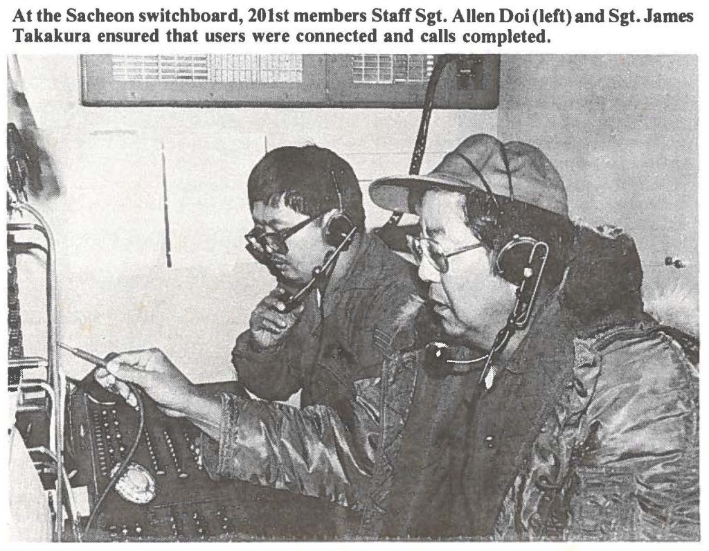 At the Sacheon switchboard, 201st members Staff Sgt. Allen Doi (left) and Sgt. James Takakura ensured that users were connected and calls completed.
