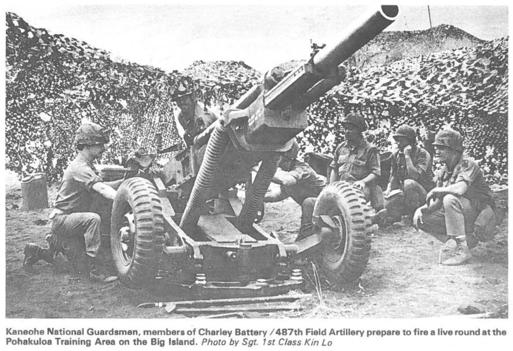 Kaneohe National Guardsmen, members of Charley Battery / 487th Field Artillery prepare to fire a live round at the Pohakuloa Training Area on the Big Island. Photo by Sgt. 1st Class Kin Lo