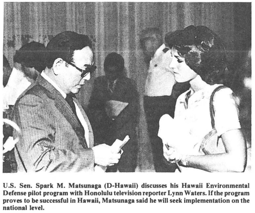 U.S. Sen. Spark M. Matsunaga (D-Hawaii) discusses his Hawaii Environmental Defense pilot program with Honolulu television reporter Lynn Waters. If the program proves to be successful in Hawaii, Matsunaga said he will seek implementation on the national level.