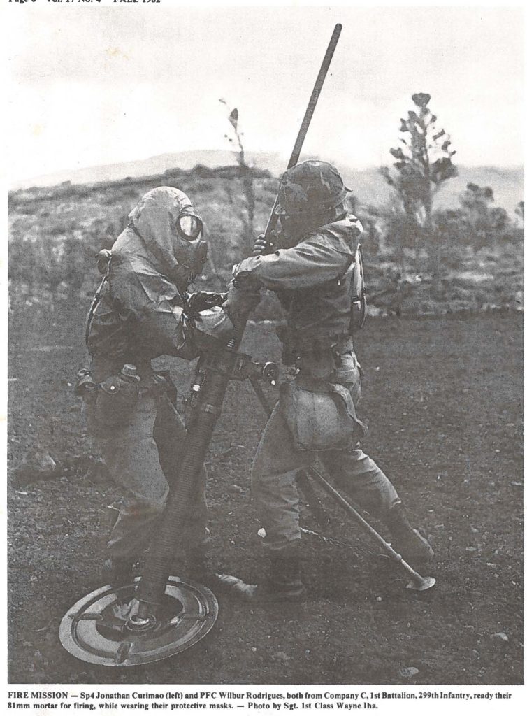 FIRE MISSION - Sp4 Jonathan Curimao (left) and PFC Wilbur Rodrigues, both from Company C, 1st Battalion, 299th Infantry, ready their 81mm mortar for firing, while wearing their protective masks. - Photo by Sgt. 1st Class Wayne Iha.
