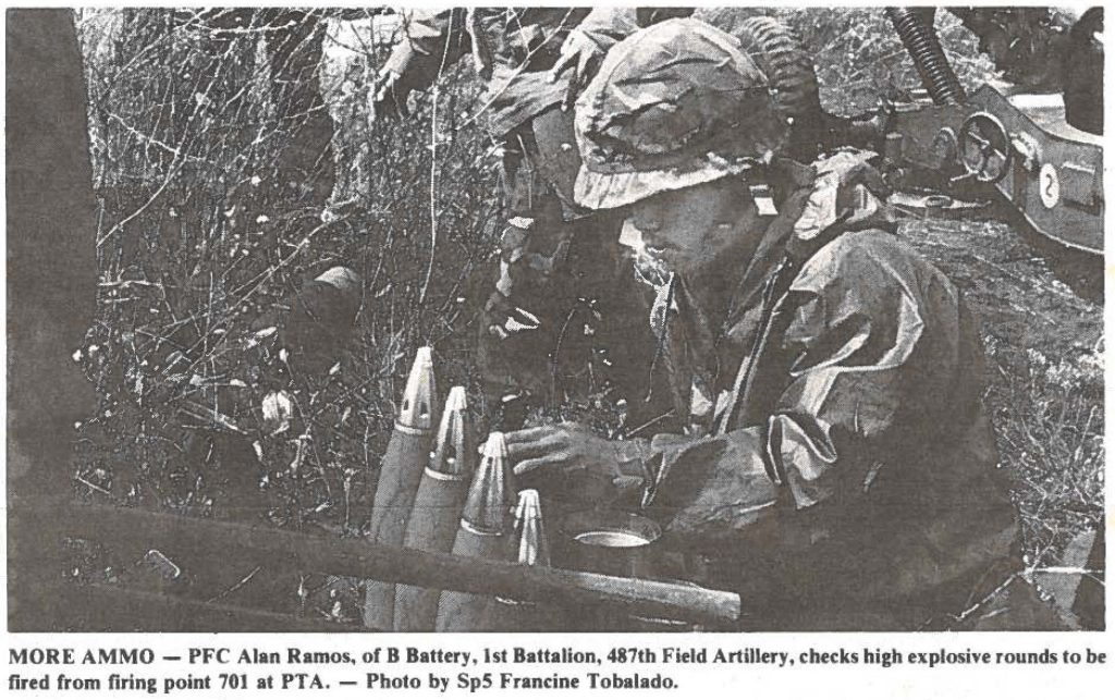 MORE AMMO - PFC Alan Ramos, or B Battery, 1st Battalion, 487th Field Artillery, checks high explosive rounds to be fired from firing point 701 at PTA. - Photo by SpS Francine Tobalado.