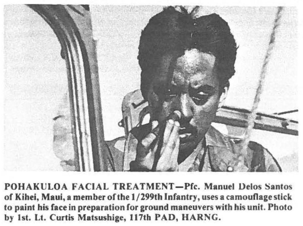 POHAKULOA FACIAL TREATMENT-Pfc. Manuel Delos Santo of Kibel, Maui, a member of the 1 /299th Infantry, uses a camouflage stick to paint his face in preparation for ground maneuvers with his unit. Photo by 1st. Lt. Curtis Matsushige, 117th PAD, HARNG.