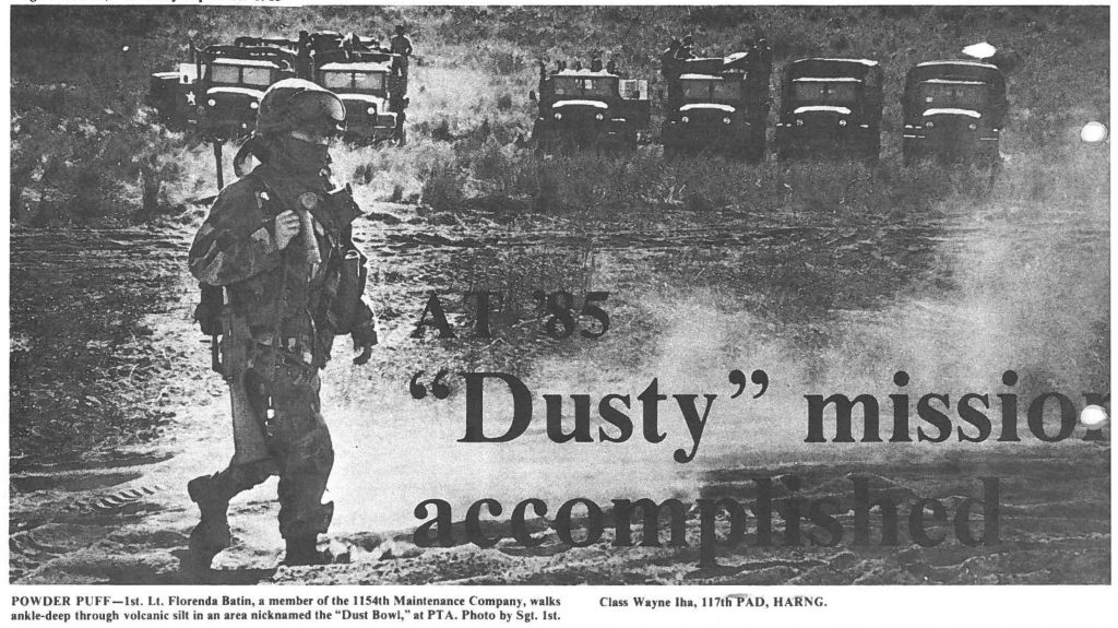 POWDER PUFF-1st. Lt. Florenda Batin, a member of the 1154th Maintenance Company, walks ankle-deep through volcanic silt in an area nicknamed the "Dust Bowl," at PTA. Photo by Sgt. 1st. Class Wayne Iha, 117th PAD HARNG