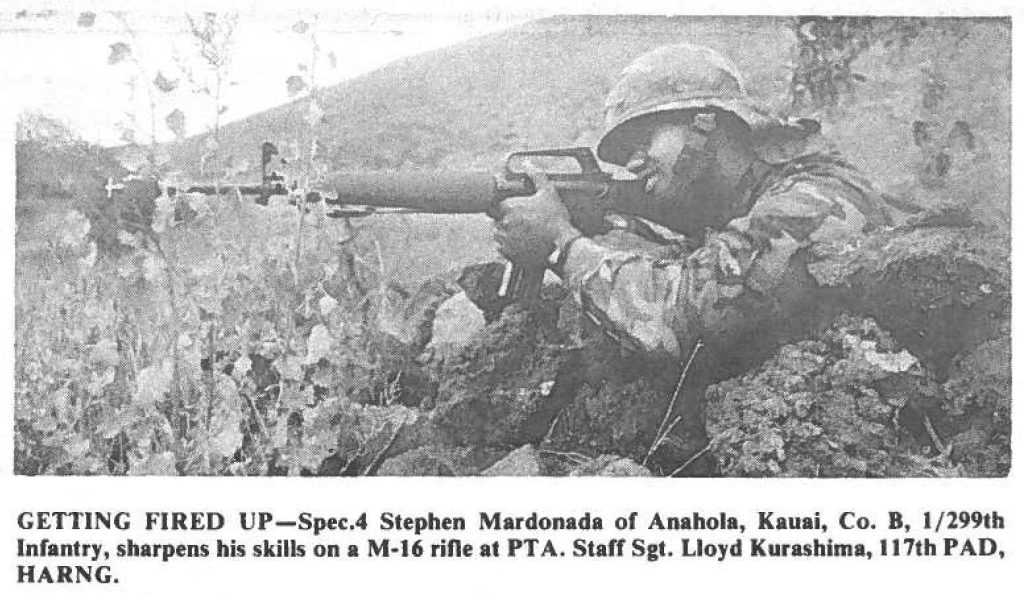 GETTING FIRED UP-Spec.4 Stephen Mardonada of Anabola, Kauai, Co. B, 1/299th Infantry, sharpens his skills on a M-16 rifle at PTA. Staff Sgt. Lloyd Kurasbima, 117th PAD, HARNG.