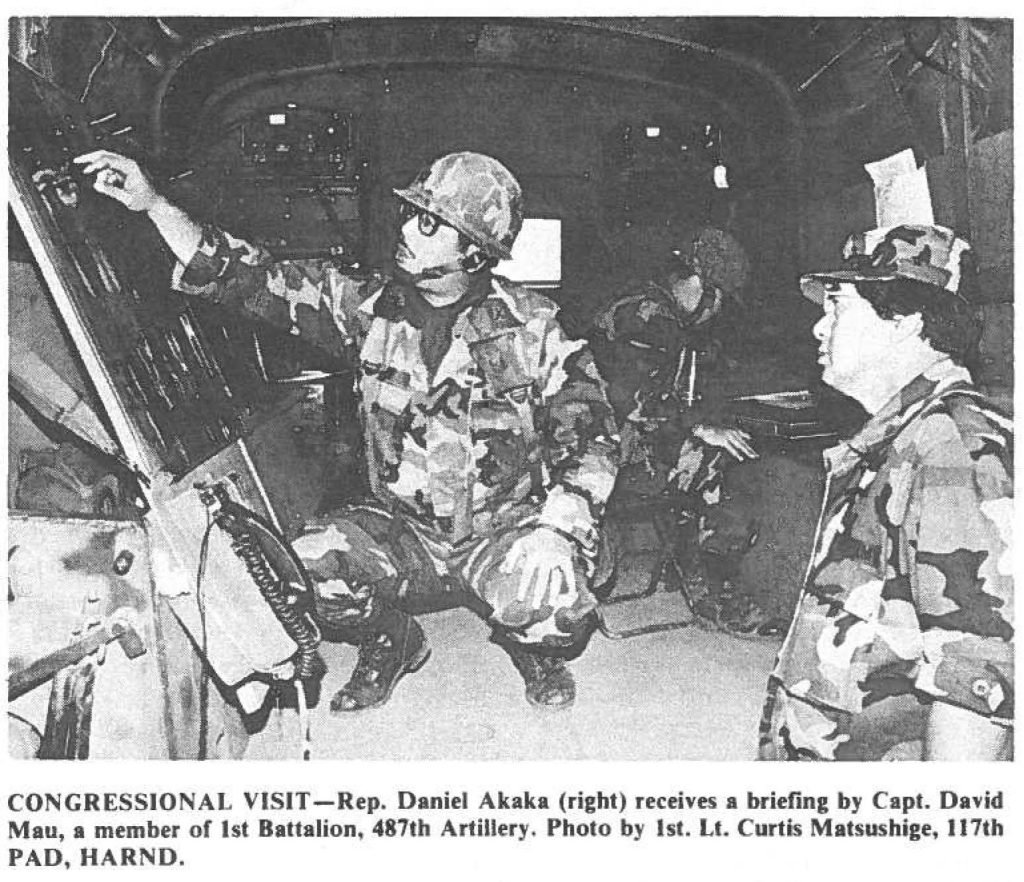 CONGRESSIONAL VISIT-Rep. Daniel Akaka (right) receives a briefing by Capt. David Mau, a member or 1st Battalion, 487th Artillery. Photo by 1st. Lt. Curtis Matsushige, 117th PAD, HARNO.