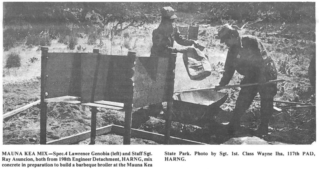 MAUN A KEA MIX-Spec.4 Lawrence Genobia (left) and Staff Sgt. Ray Asuncion, both from 198th Engineer Detachment, HARNG, mix concrete in preparation to build a barbeque broiler at the Mauna Kea State Park. Photo by Sgt. 1st. Class Wayne Iha, 117th PAU, HARNG