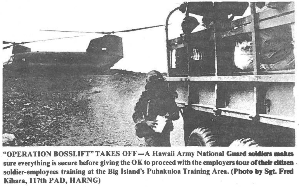 "OPERATION BOSSLIFT" TAKES OFF -A Hawaii Army National Guard soldiers makes sure everything is secure before giving the OK to proceed with the employers tour of their citizen soldier-employees training at the Big Island's Puhakuloa Training Area. (Photo by Sst- Fred Kihara, 117th PAD, HARNG)