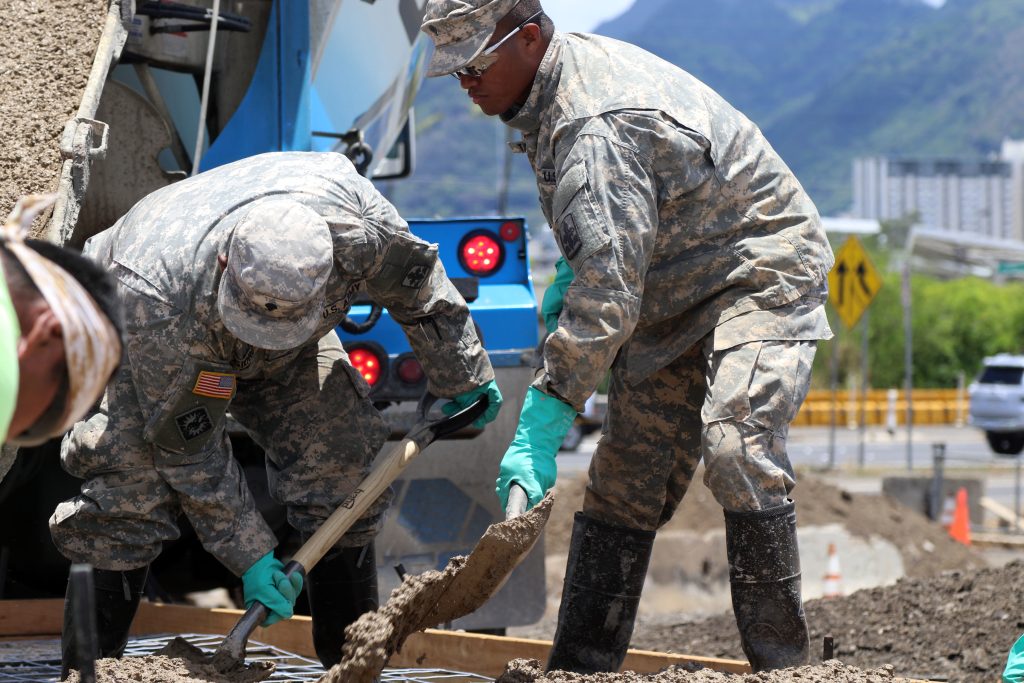 Honolulu, HI – Hawaii National Guard Soldiers from Alpha Company 227th Brigade Engineer Battalion continue construction for the Kahauiki Village Homeless Relocation Project, Aug. 8, 2017, Honolulu, Hawaii. Soldiers continued to prepare foundation slabs for future affordable housing for homeless families. (U.S. Army National Guard photo by Spc. Matthew A. Foster)
