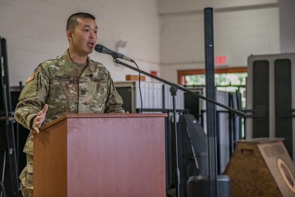 Cpt. Thomas Moriyasu, the in-coming 117th Mobile Public Affairs Detachment (MPAD) commander, delivers his remarks during the change of command ceremony on Feb. 6, 2022, Pearl City, Hawaii. Cpt. Moriyasu served as the 117th MPAD executive officer prior assuming command of the unit. (U.S. Army National Guard photo by Sgt. John Schoebel)