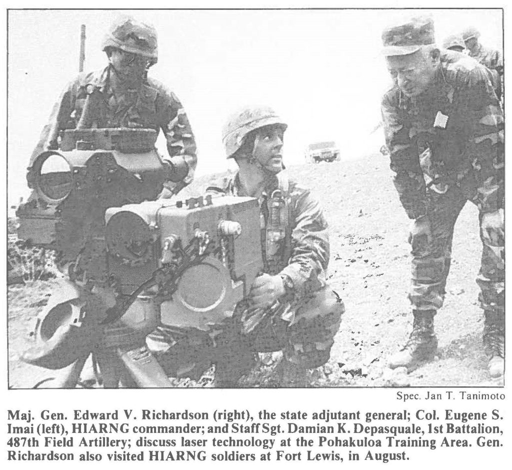 Maj. Gen. Edward V. Richardson (right), the state adjutant general; Col. Eugene S. Imai (left), HIARNG commander; and Staff Sgt. Damian K. Depasquale, 1st Battalion, 487th Field Artillery; discuss laser technology at the Pohakuloa Training Area. Gen. Richardson also visited HIARNG soldiers at Fort Lewis, in August.