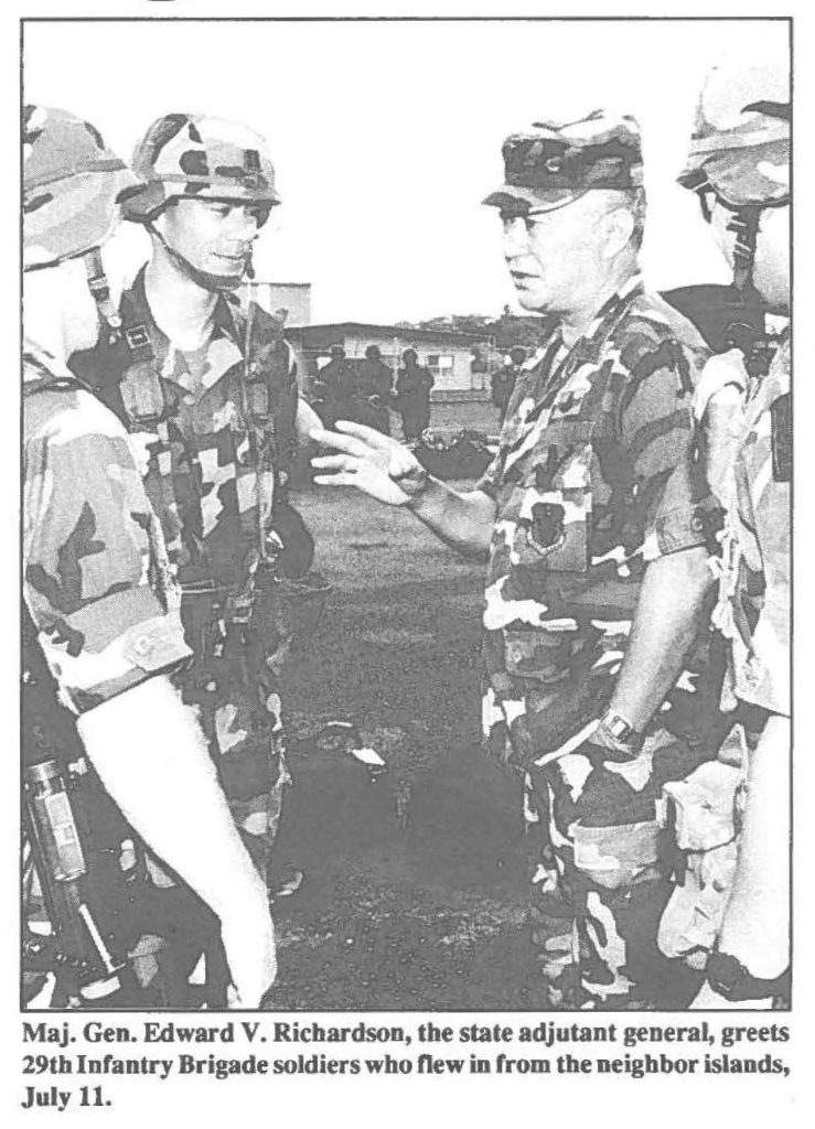 Maj. Gen. Edward V. Richardson, the state adjutant general, greets 29th Infantry Brigade soldiers who flew in from the neighbor islands, July 11.