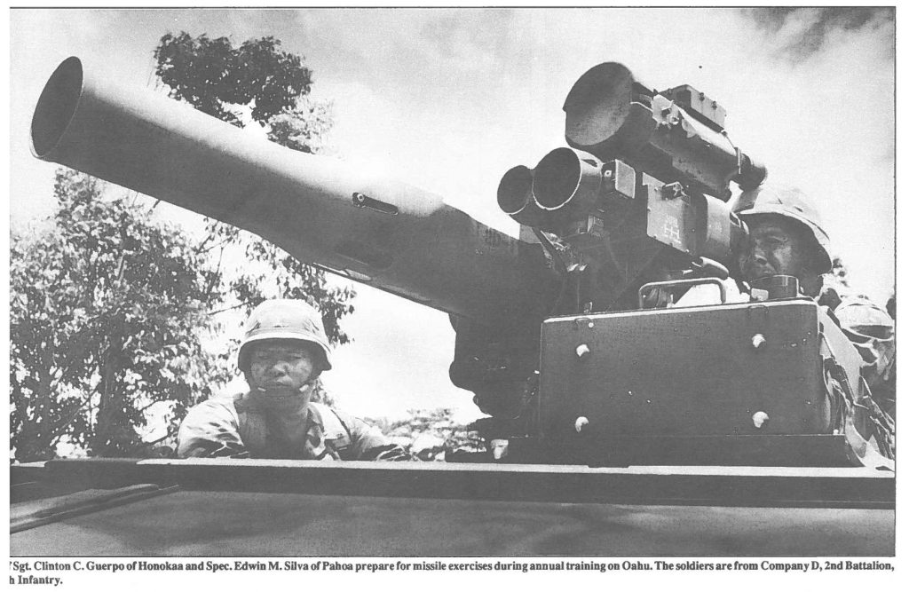 MSgt. Clinton C. Guerpo of Honokaa and Spec. Edwin M. Silva of Pahoa prepare for missile exercises during annual training on Oahu. The soldiers are from Company D, 2nd Battalion, __ Infantry.