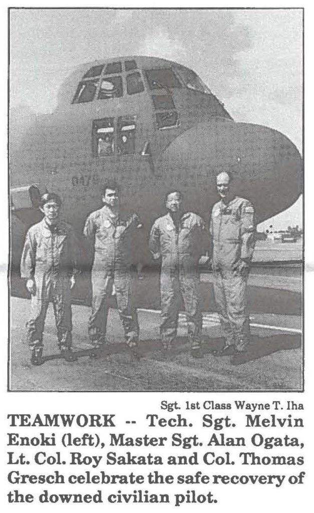 TEAMWORK Tech. Sgt. Melvin Enoki (left), Master Sgt. Alan Ogata, Lt. Col. Roy Sakata and Col. Thomas Gresch celebrate the safe recovery of the downed civilian pilot.